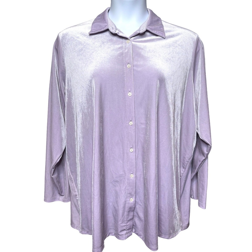 LANDS' END Lilac Velvet Button‎ Front Shirt 3X Shimmer Stretch Office Minimalist